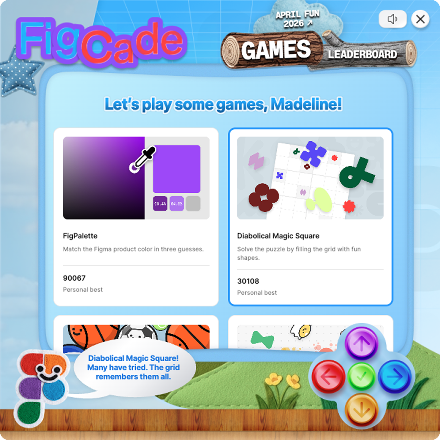 Figma Figcade game menu with FigPalette and Diabolical Magic Square options, personal scores, and colorful navigation buttons