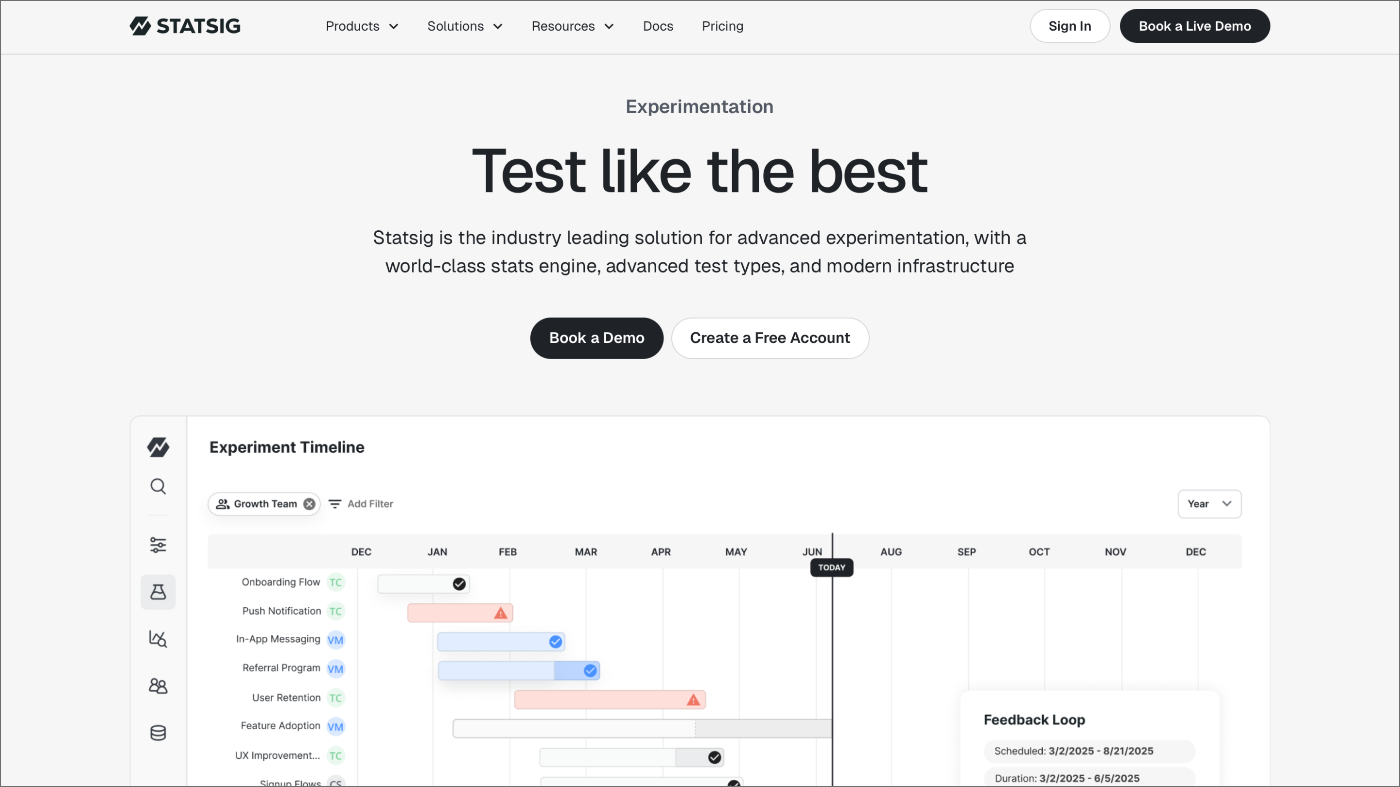 The Statsig home page, showcasing its experiment dashboard.