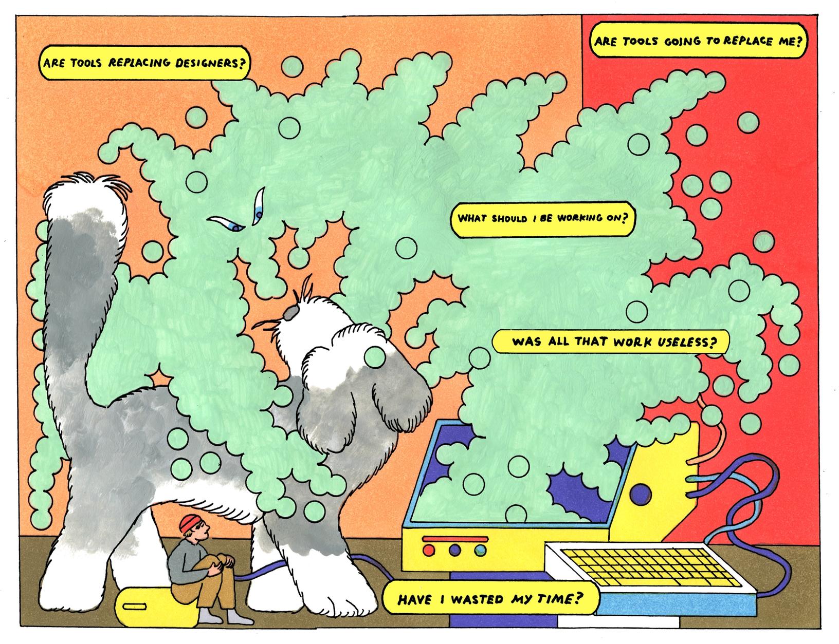 A designer sits beside their dog as swirling green AI clouds raise anxious questions about the future of design.