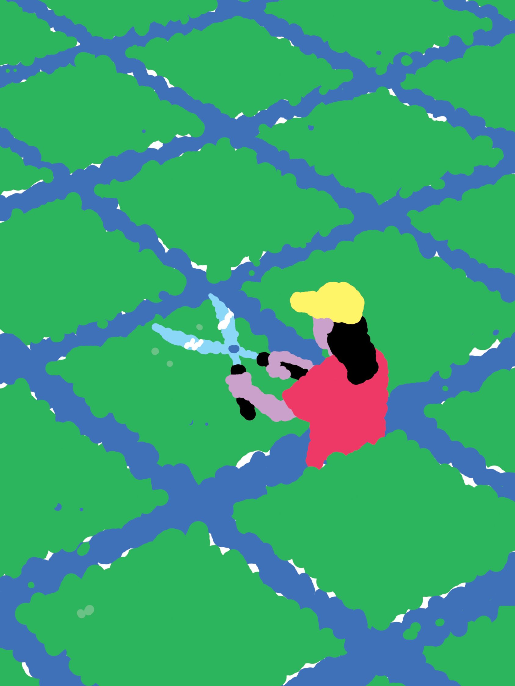 Illustration of a gardener trimming hedges