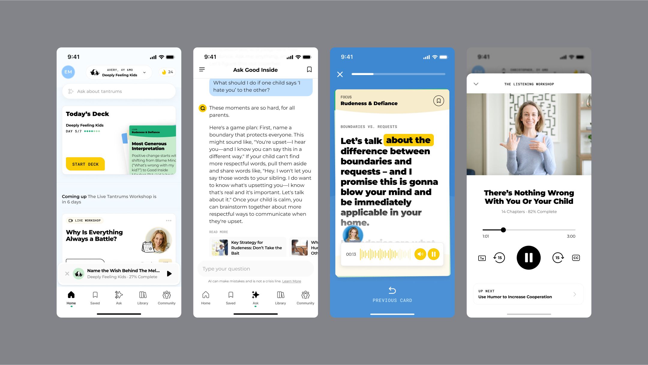 Screens from a parenting app show AI chat giving advice about sibling conflict and boundaries, Audio lesson about boundaries versus requests for handling child rudeness, and a video workshop called "There's Nothing Wrong With You Or Your Child"