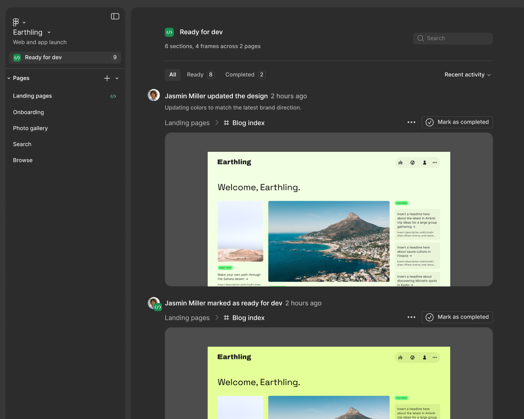 Ready for dev mode turned on to show changes and updates to the design