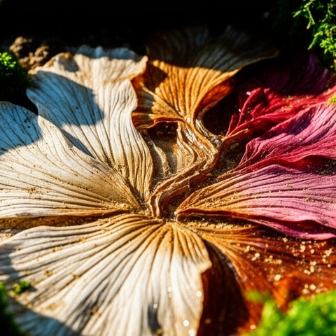 An AI-generated close-up of a flower form rendered in layered sandstone textures, with warm earth tones and deep red petals emerging from rocky striations.