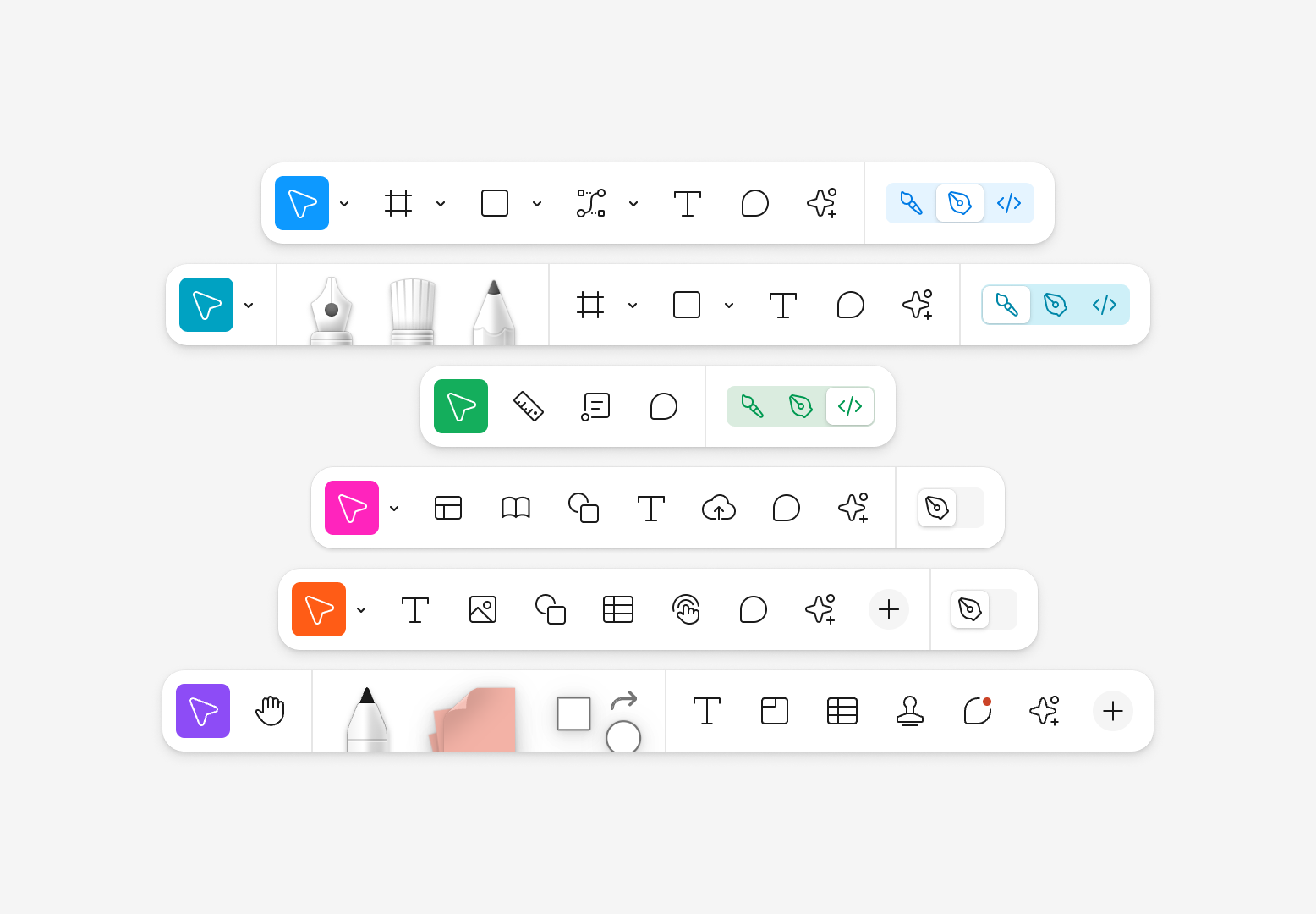 A screen that shows varying versions of the Figma toolbar, including product symbols for drawing, designing, commenting, and writing text
