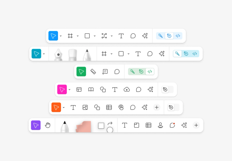 A screen that shows varying versions of the Figma toolbar, including product symbols for drawing, designing, commenting, and writing text