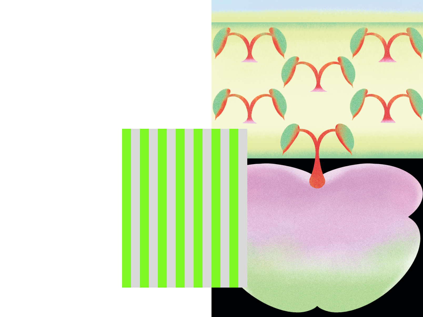 An abstract illustration with a playful mix of shapes and patterns. The left side features vertical green and white stripes, while the bottom right shows a large, rounded shape in pastel pink and green. The top right section includes a pattern of red and green sprouting plants against a light yellow background. The overall design is minimalistic and modern, with a focus on contrasting colors and shapes.
