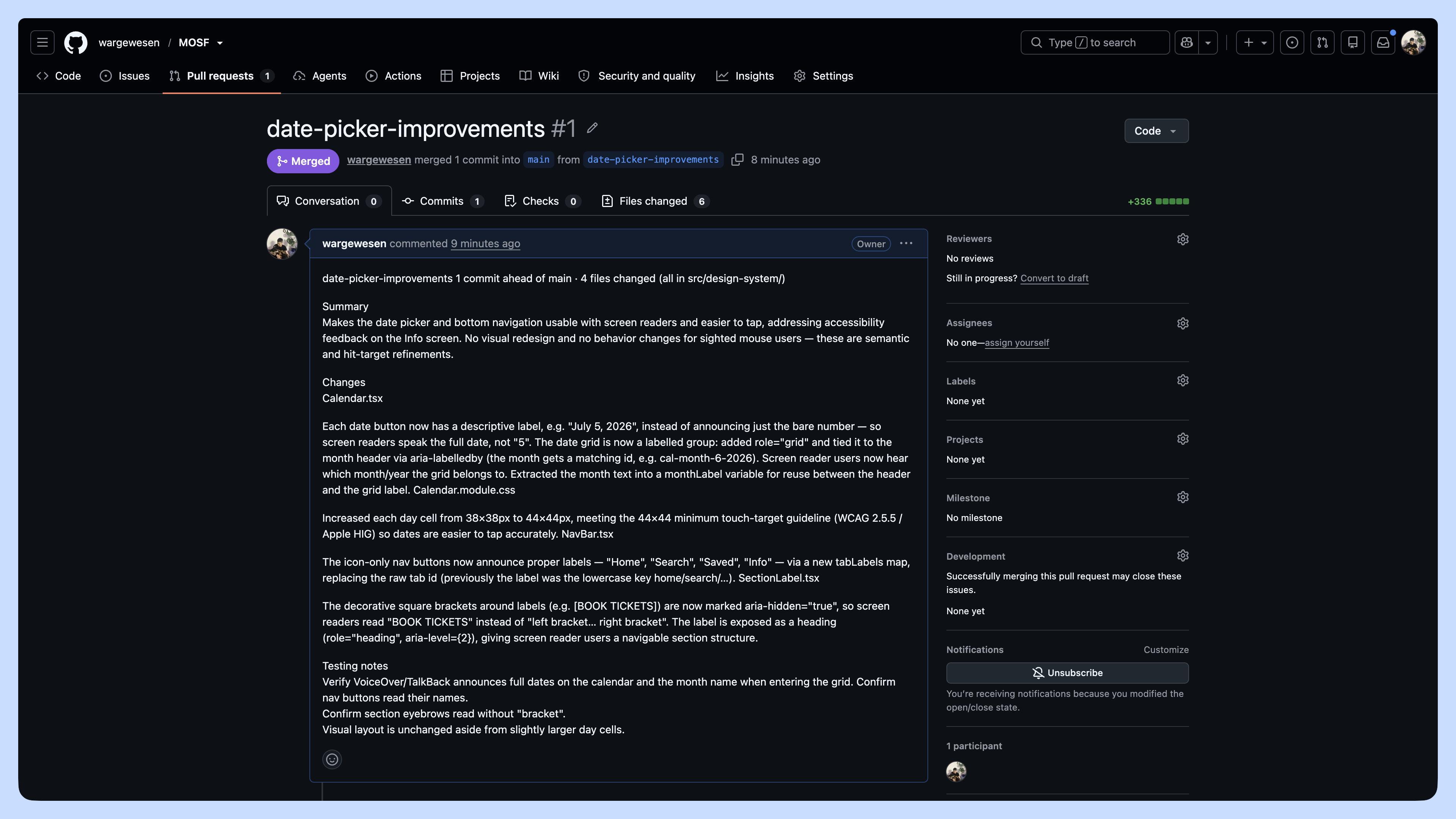 GitHub pull request page showing a merged accessibility update with changes to improve the date picker, navigation labels, and screen reader support.