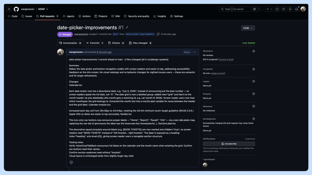 GitHub pull request page showing a merged accessibility update with changes to improve the date picker, navigation labels, and screen reader support.