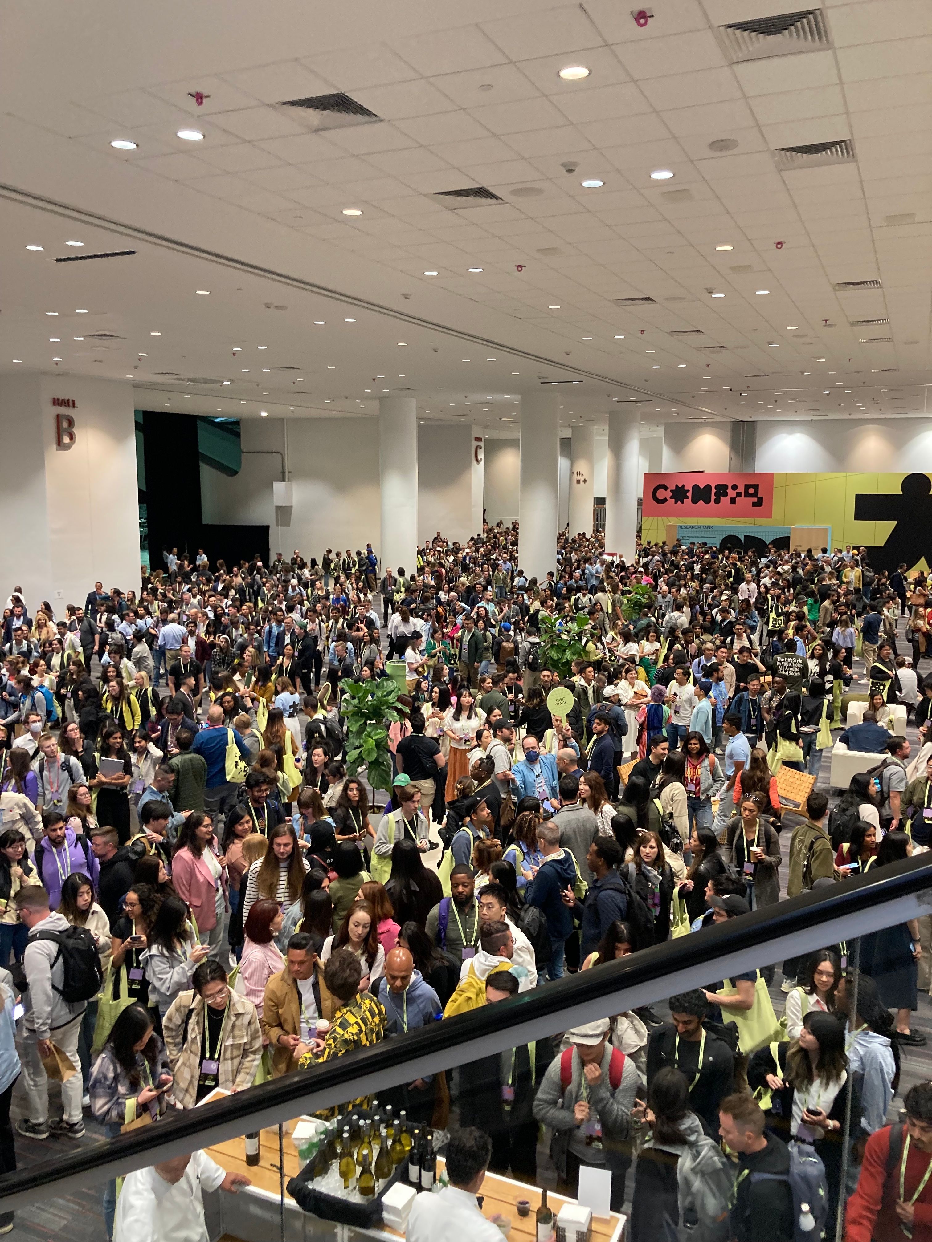 A crowd of people leaving the keynote at Config.