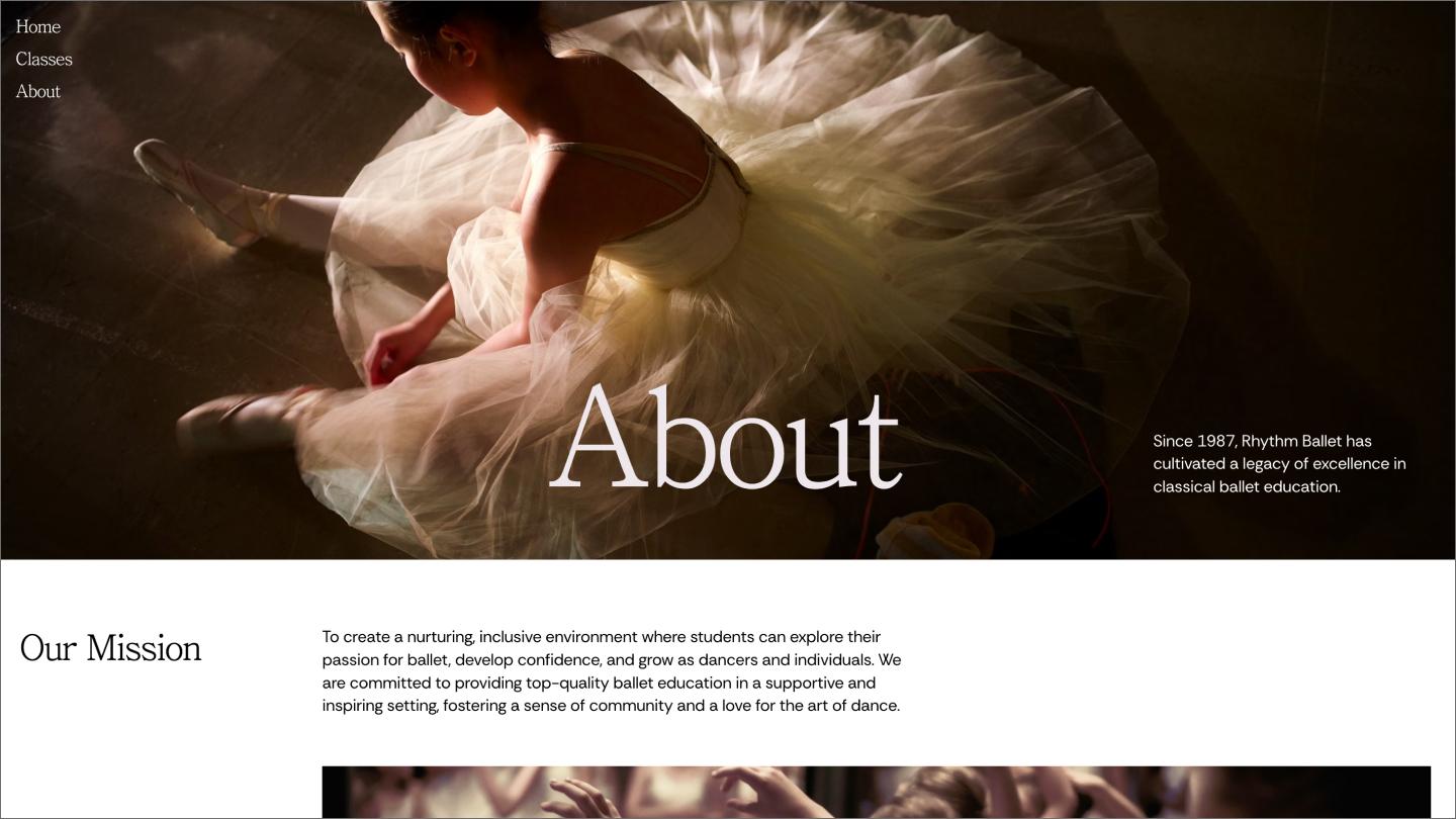 The about page for a classical ballet studio, focused on the students and the studio’s values.