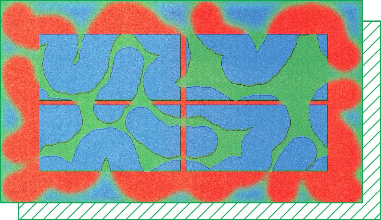 Abstract illustration of blue, squiggly shapes threading through a green grid.