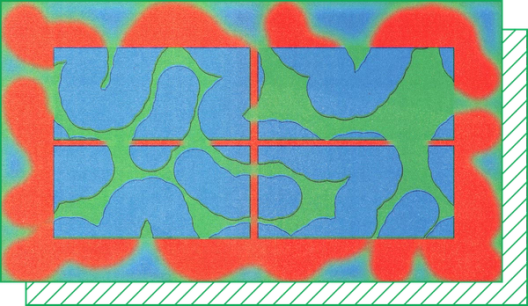 Abstract illustration of blue, squiggly shapes threading through a green grid.