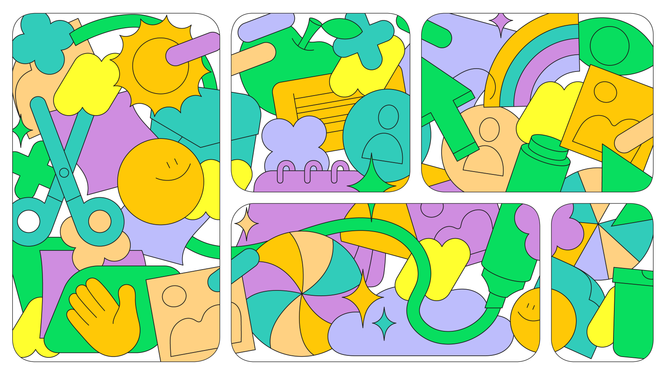 A series of colorful shapes and objects in containers