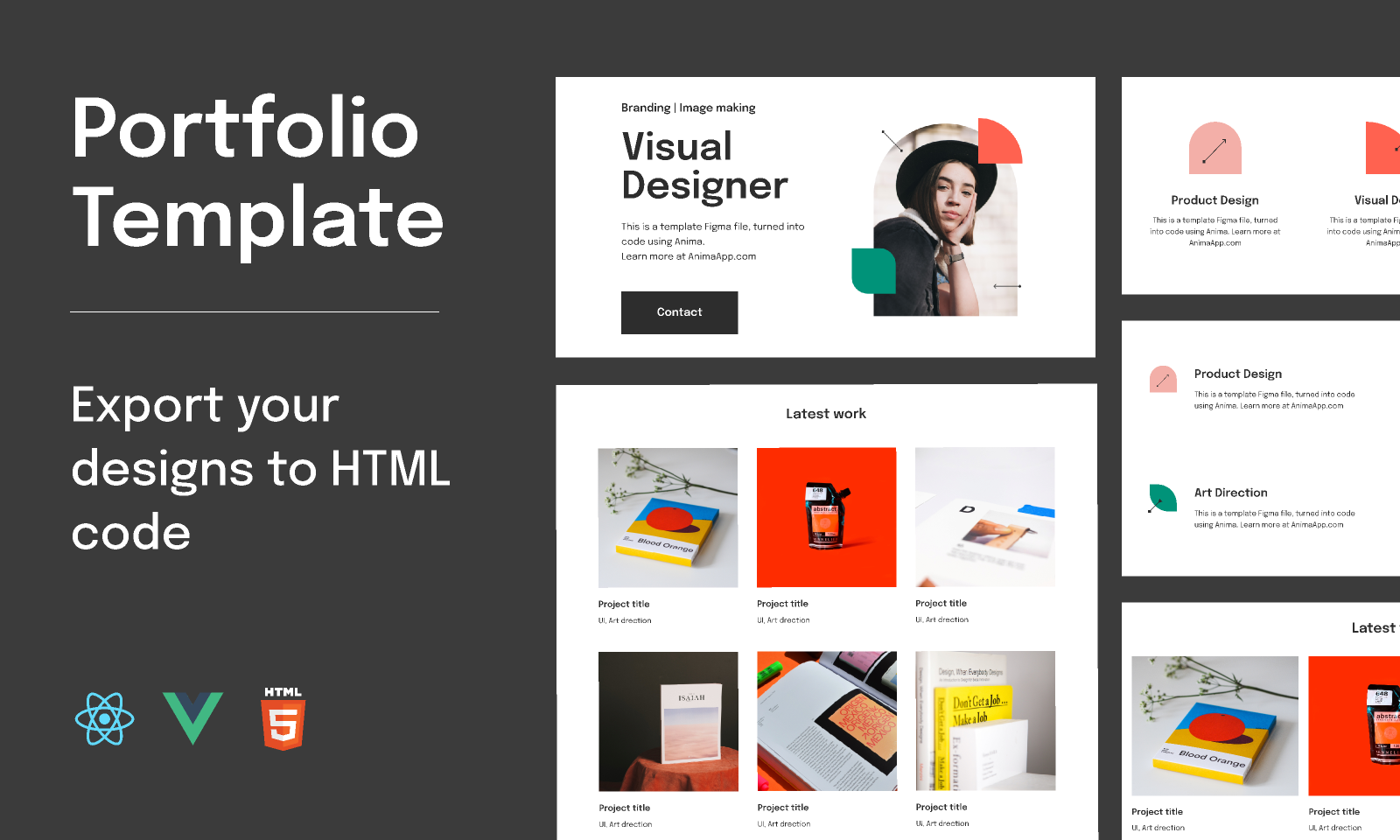 A portfolio template showcasing various sections such as 'Visual Designer,' 'Product Design,' and 'Art Direction,' with a modern, minimalistic layout.