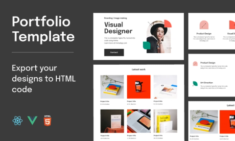 A portfolio template showcasing various sections such as 'Visual Designer,' 'Product Design,' and 'Art Direction,' with a modern, minimalistic layout.