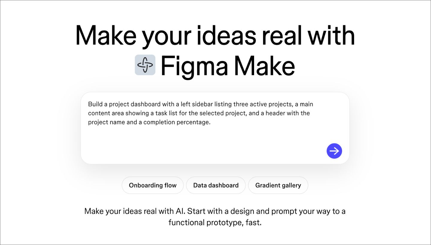 Figma Make prompt bar with a detailed project dashboard prompt typed in, showing how to start vibe coding.