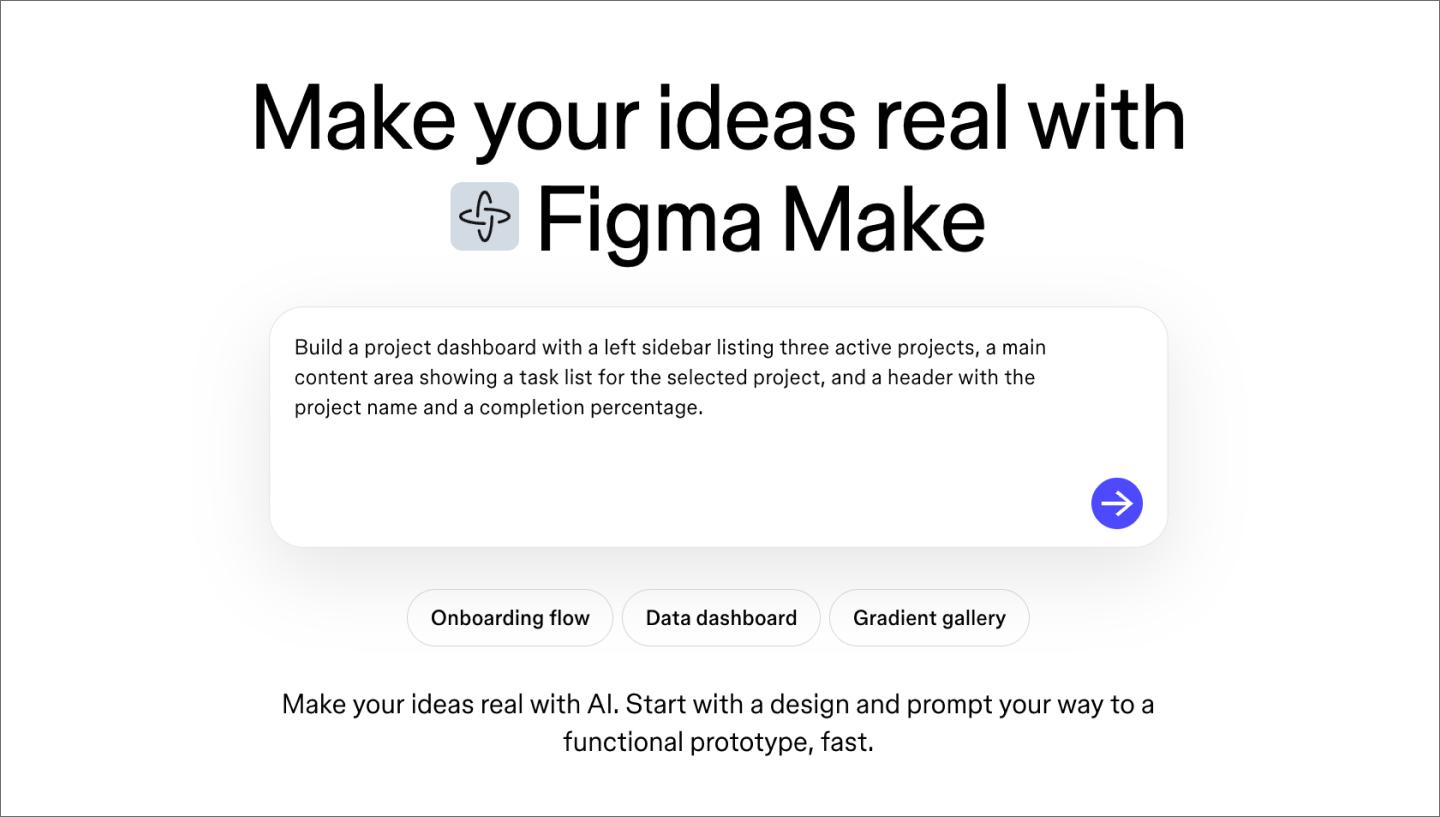 Figma Make prompt bar with a detailed project dashboard prompt typed in, showing how to start vibe coding.