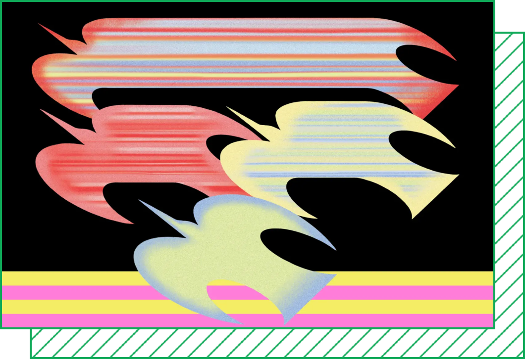 An abstract illustration of colorful, tessellated bird shapes that grow more stretched as they rise.