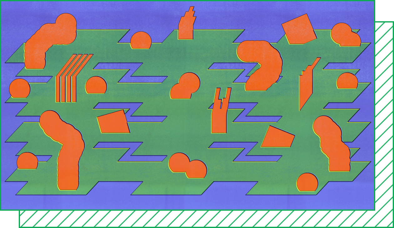 Abstract artwork featuring orange organic shapes and green zigzag patterns on a blue background.