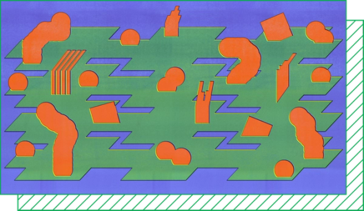 Abstract artwork featuring orange organic shapes and green zigzag patterns on a blue background.