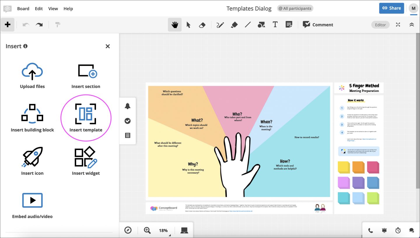 The Conceptboard interface showing a shared whiteboarding canvas with linked tasks and structured comment threads, illustrating its feature for bridging brainstorming and project execution.