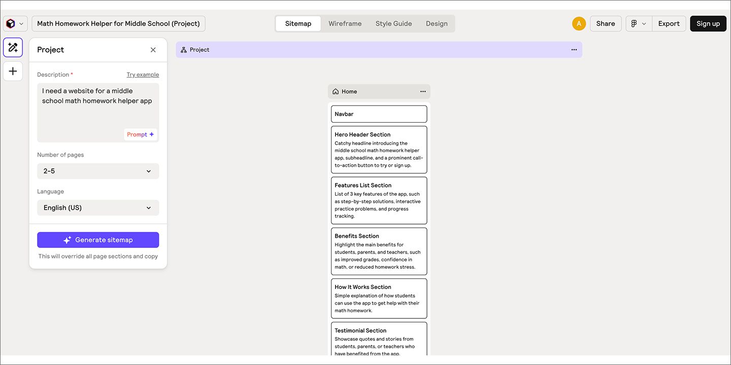 A screenshot of Relume, showing the sitemap and AI prompt for a website