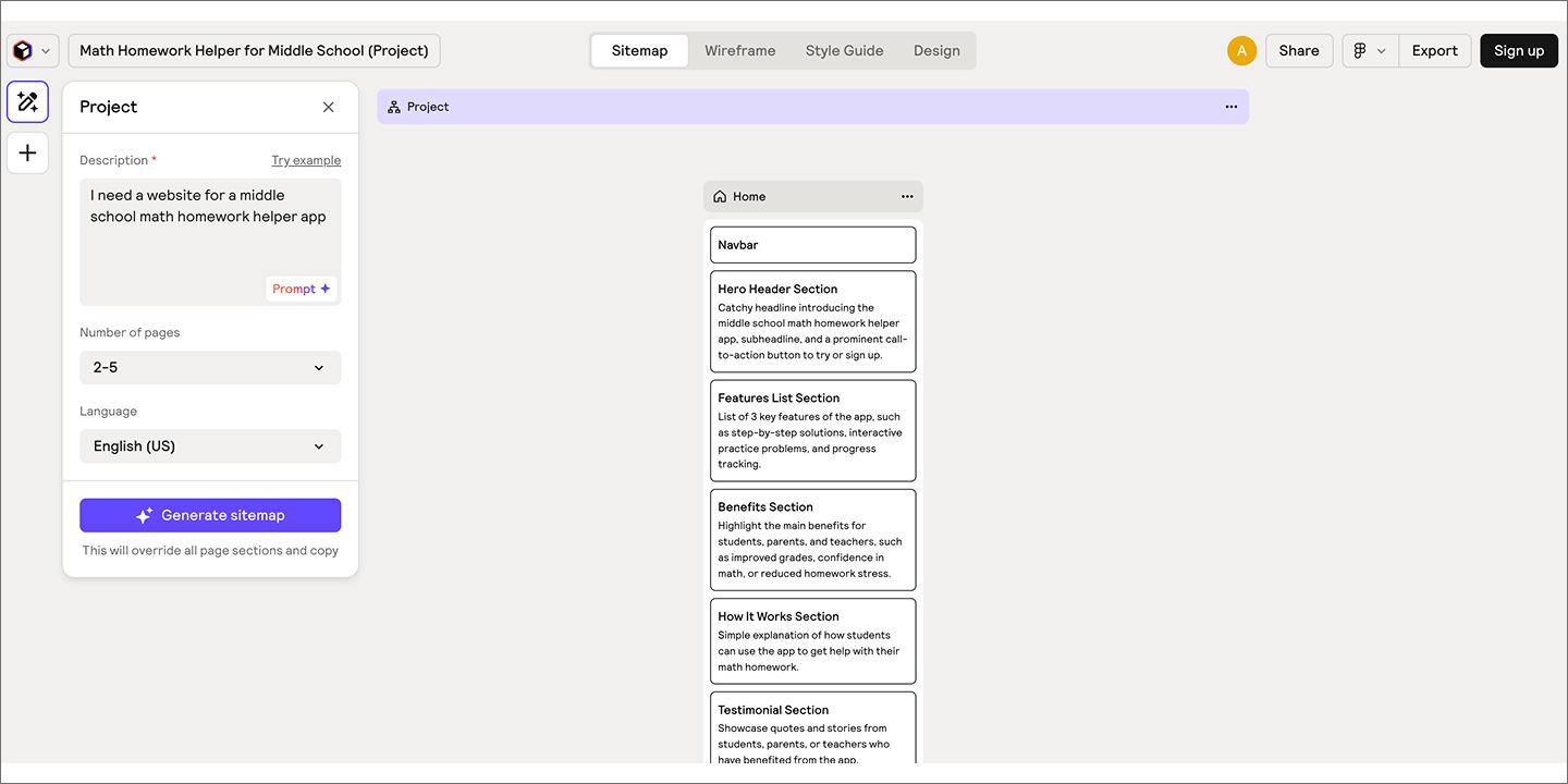 A screenshot of Relume, showing the sitemap and AI prompt for a website