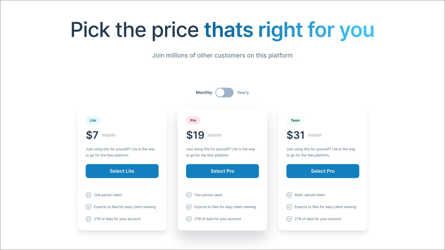 Pricing page template with a light theme and blue call-to-action buttons.