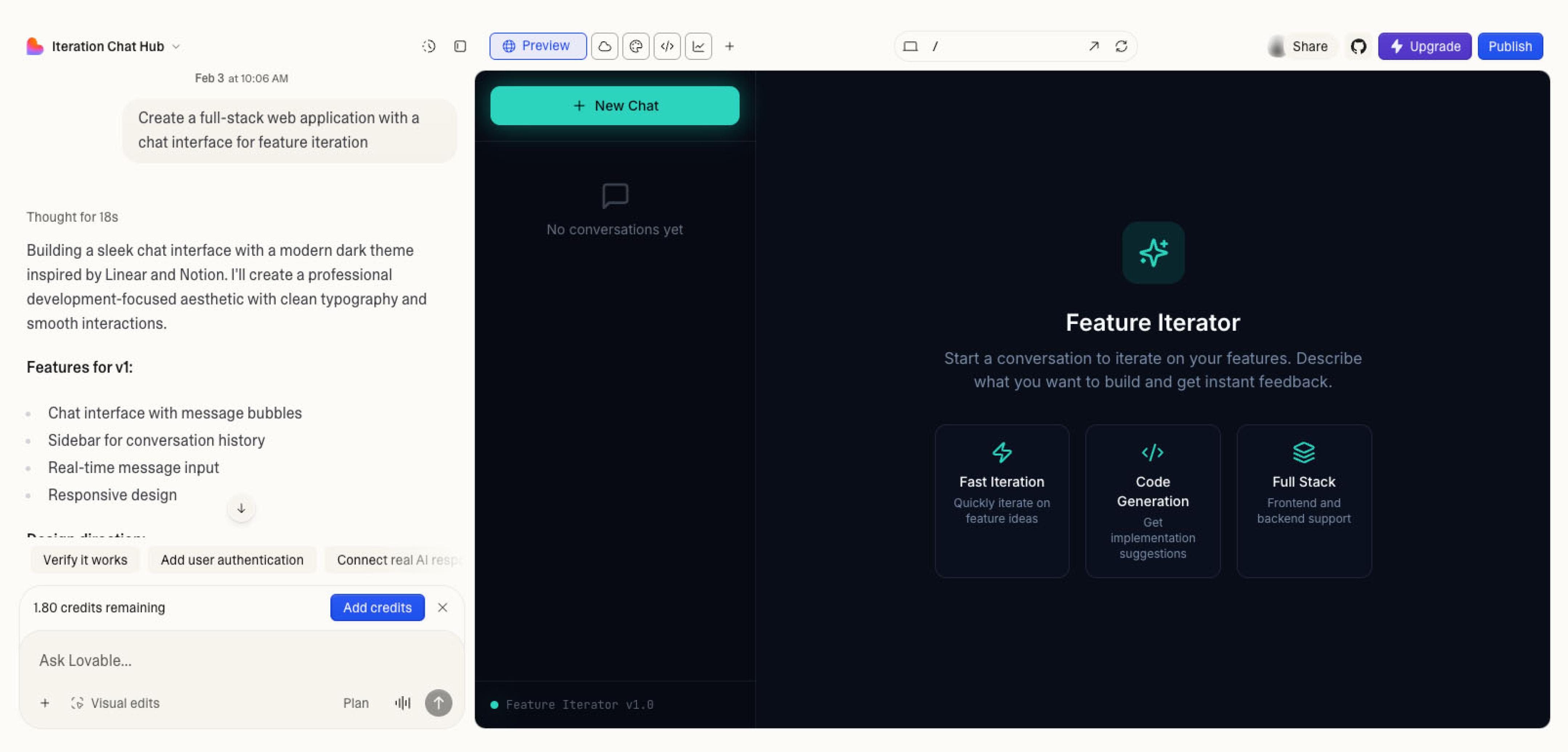 A screenshot of the Lovable interface showing a generated dashboard and the chat sidebar used for adding functional logic.