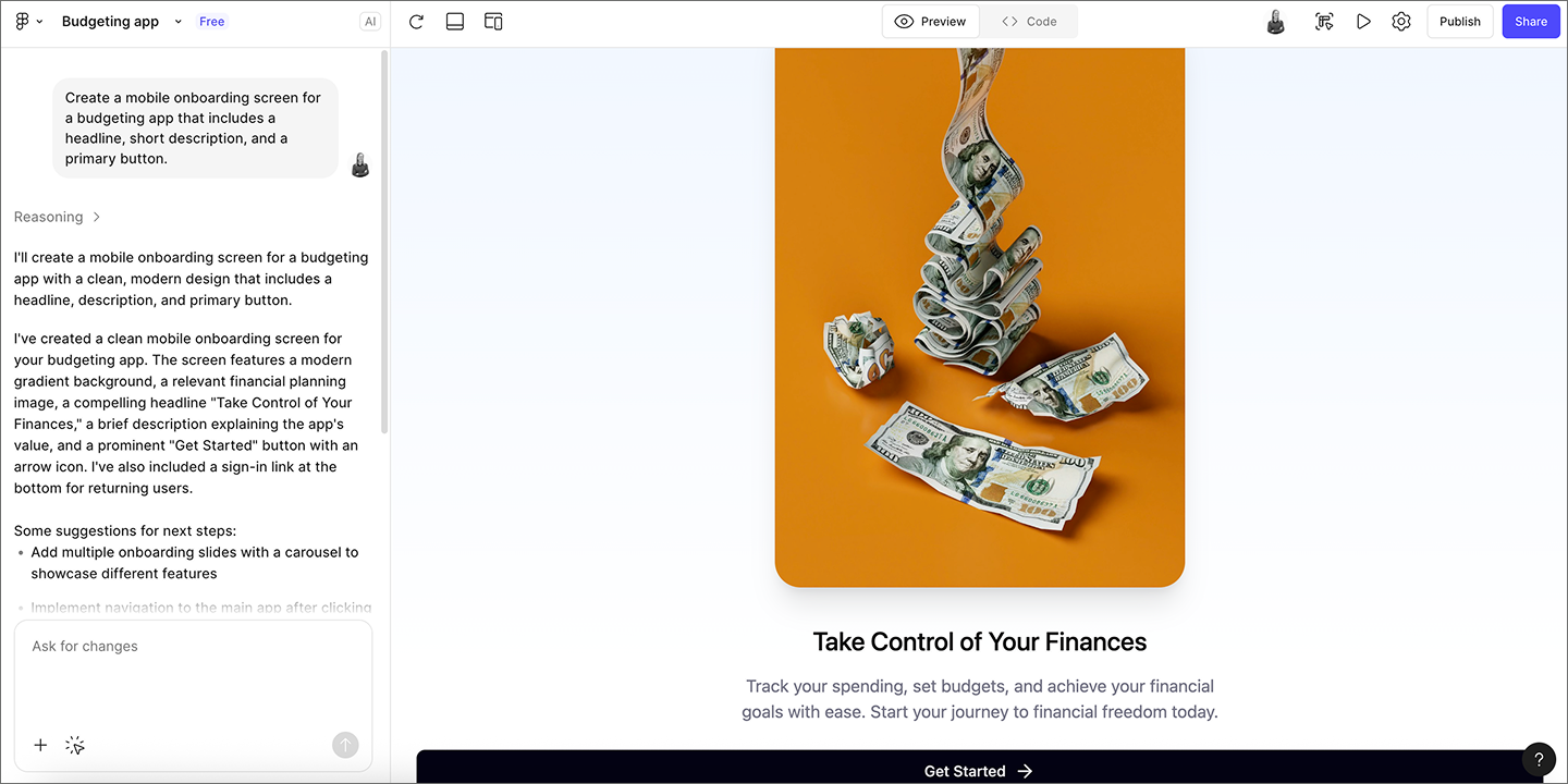 Screenshot of a user prompting Figma Make to create a mobile onboarding screen for a budgeting app, along with the resulting preview.