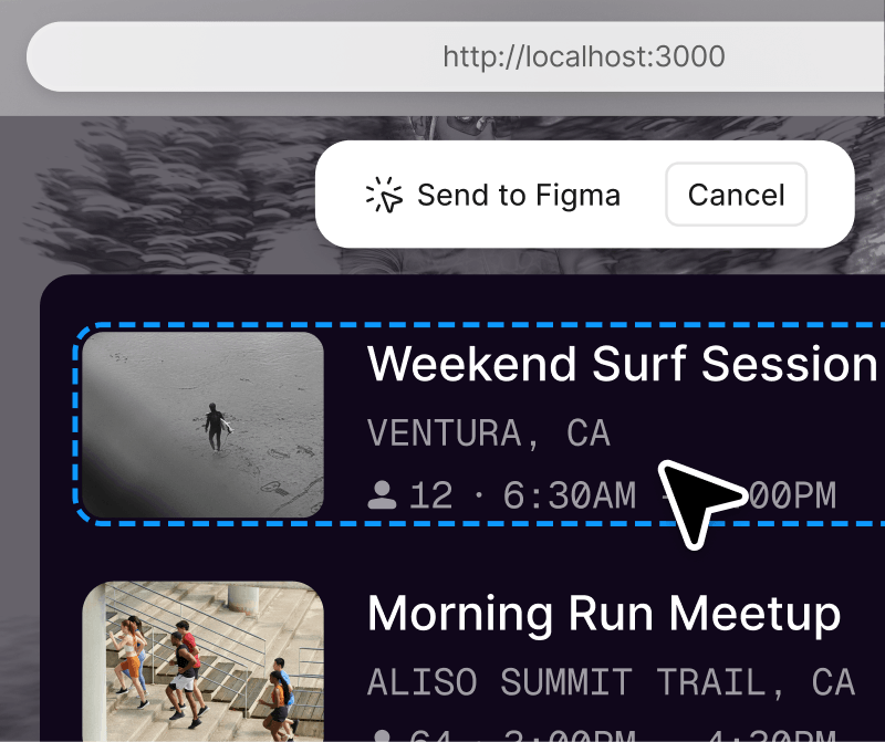 A designer created an outdoor activities website using code Their cursor is hovering over a UI card, and they're getting ready to send it to Figma for review and direct editing