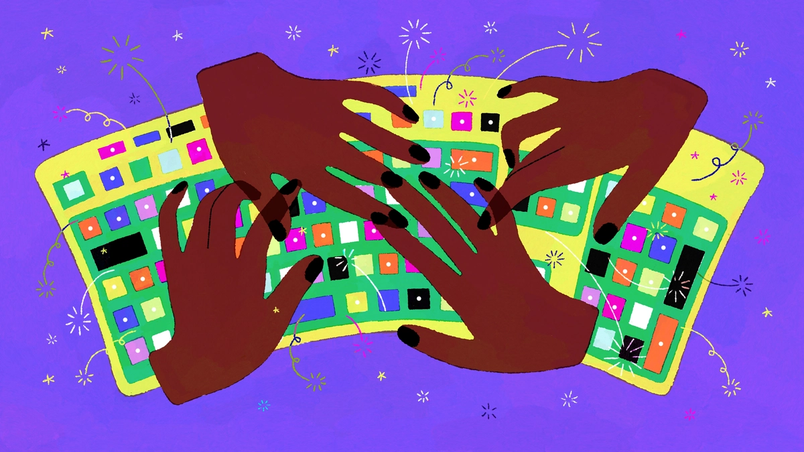 Abstract illustration of hands working on multiple keyboards