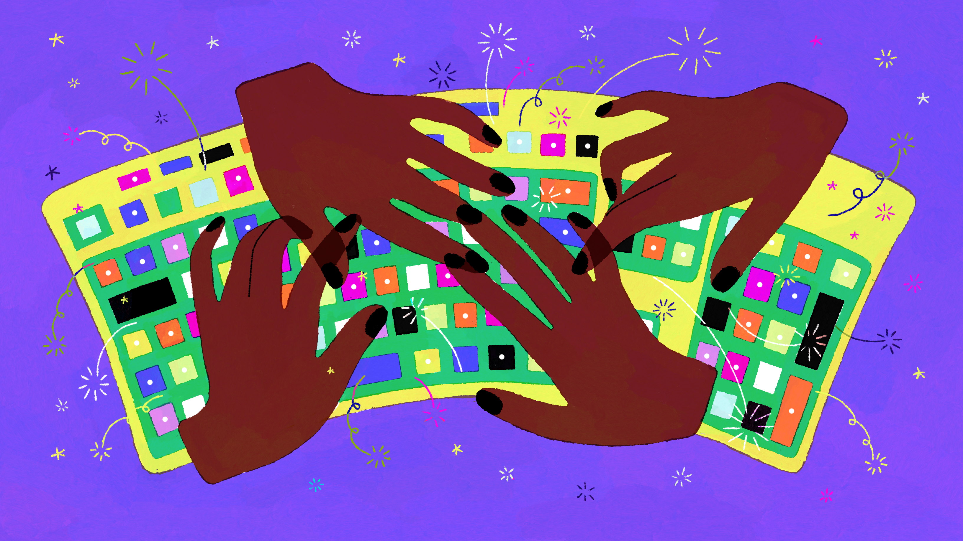 Abstract illustration of hands working on multiple keyboards