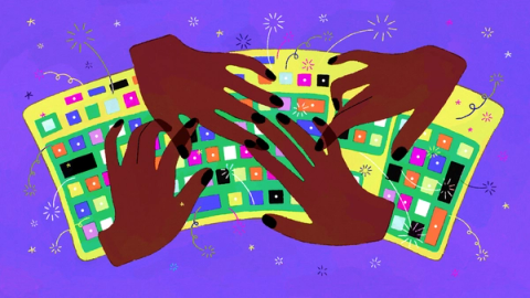 Abstract illustration of hands working on multiple keyboards