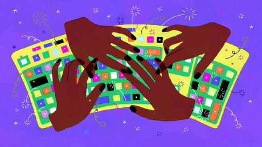 Ilustración abstracta de manos trabajando en varios teclados