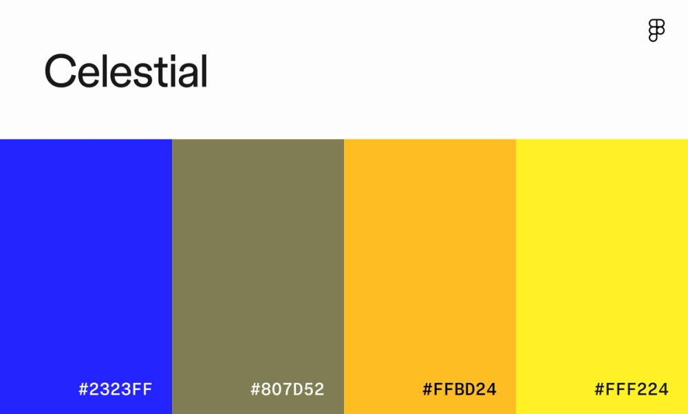 Color palette featuring bright blues, yellow, and earthy brown.
