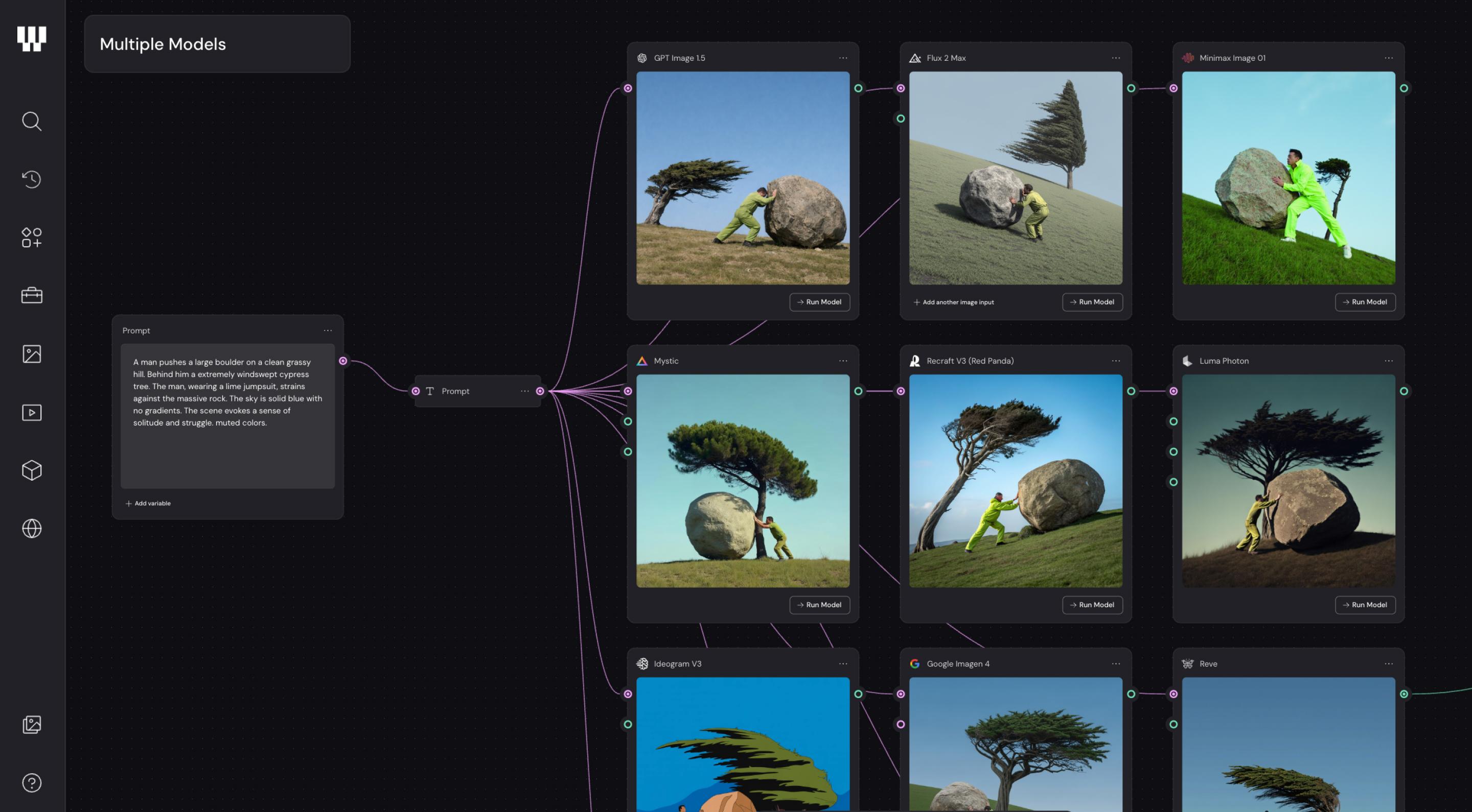 Figma Weave canvas showing a single prompt connected to nine AI models simultaneously, each generating a different visual variation for comparison