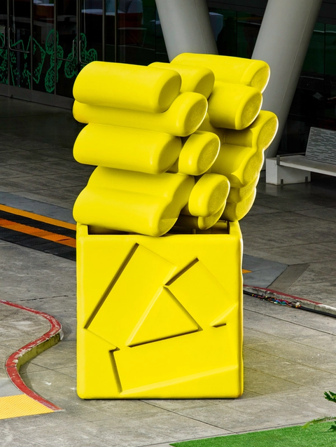 A large yellow sculpture combining a cube base and a cluster of overlapping cylindrical forms