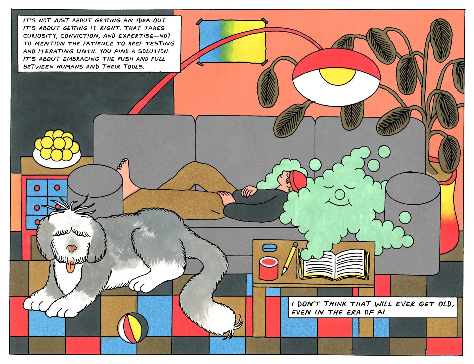 A designer naps on a couch beside their dog and a friendly cloud-like AI, symbolizing the ongoing partnership between humans and their tools.