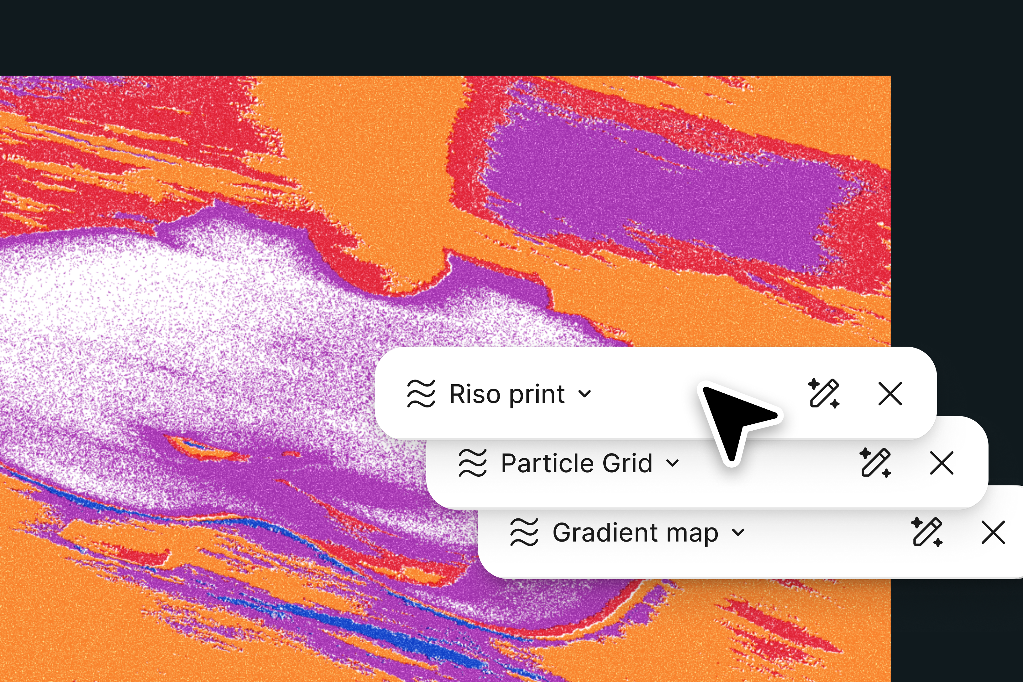 Abstract image edited with stacked shader effects in Figma. Vibrant orange, purple, red, and white textures fill the canvas while floating controls labeled “Riso print,” “Particle Grid,” and “Gradient map” demonstrate layered visual effects and creative image processing.