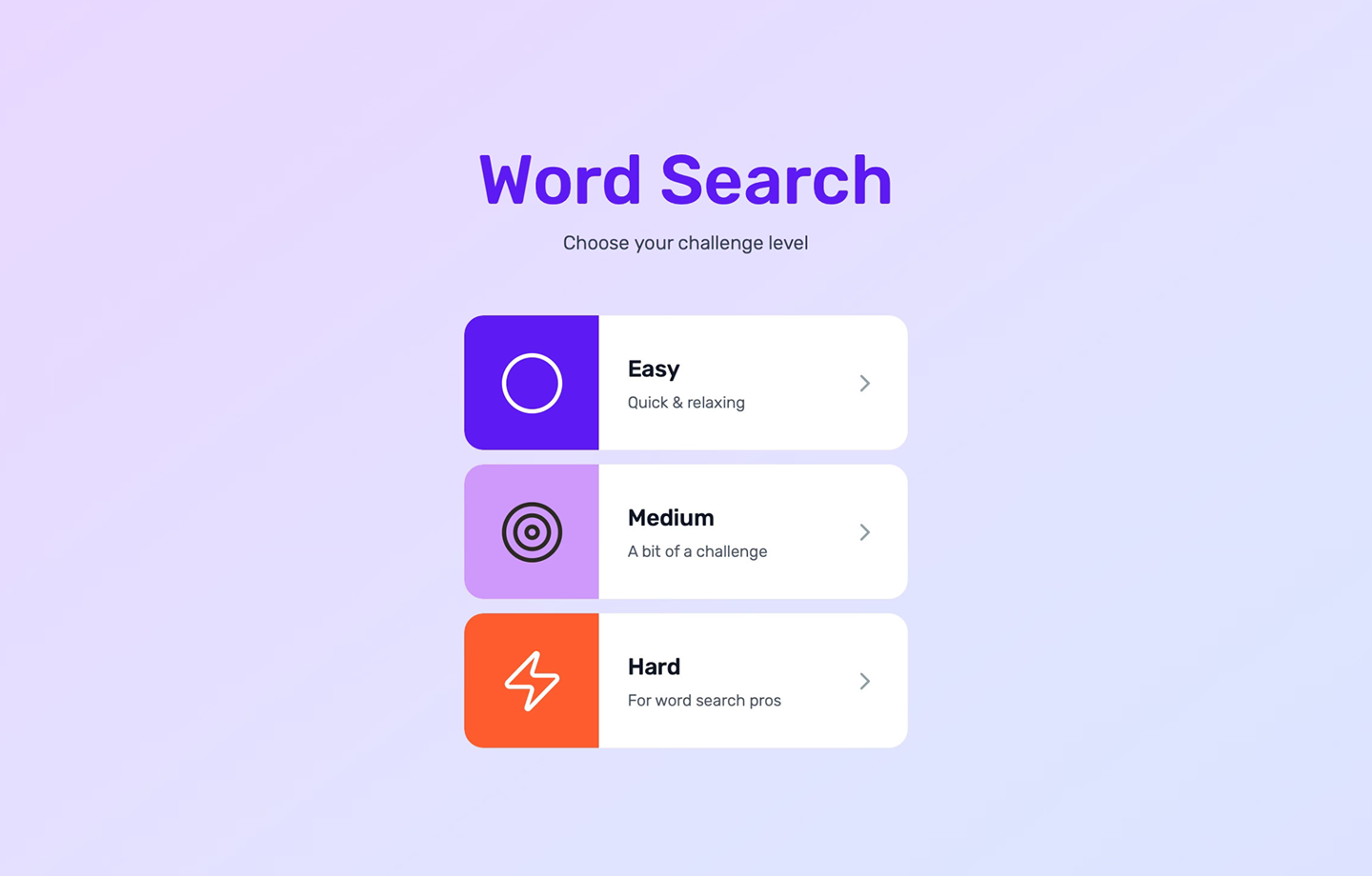 Screenshot of a word search game app, made with Figma Make