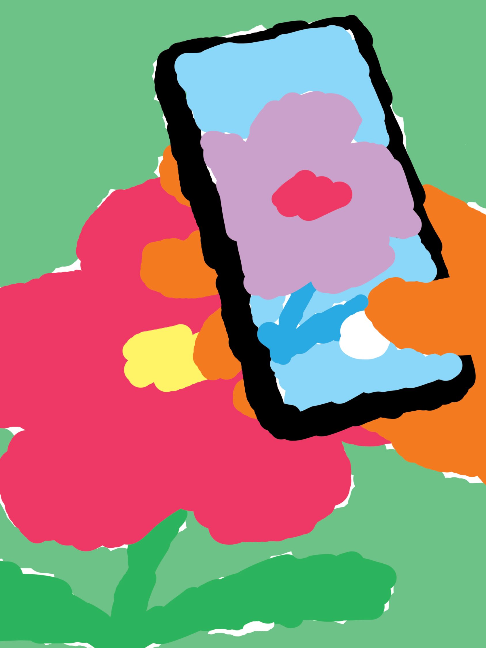 A large pink flower with green leaves, partially covered by a tilted smartphone showing a close-up flower image on its screen.
