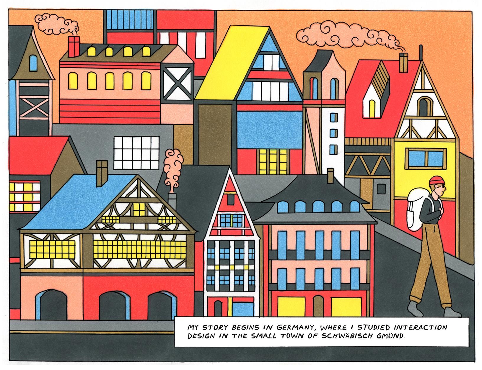 A traveler walks past a colorful cluster of German-style buildings in the town of Schwäbisch Gmünd.