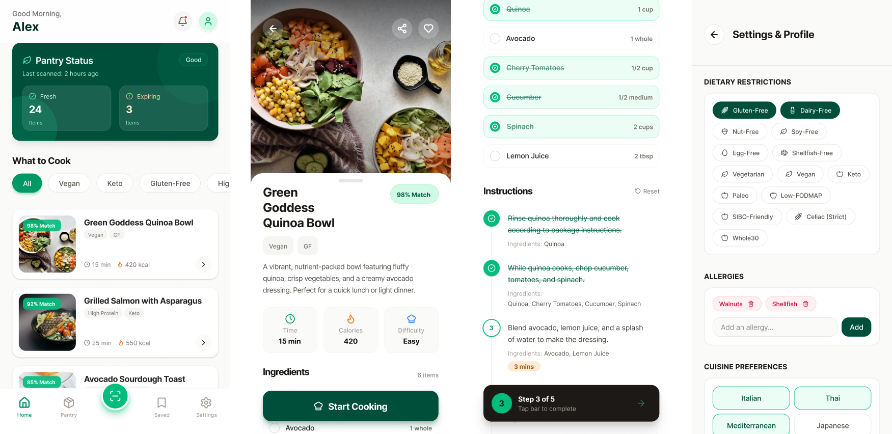 Four mobile app screens from a cooking app showing pantry status, a recipe detail view, step-by-step cooking instructions, and profile dietary settings.