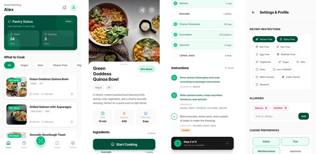 Four mobile app screens from a cooking app showing pantry status, a recipe detail view, step-by-step cooking instructions, and profile dietary settings.