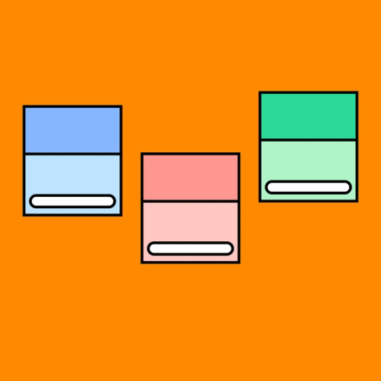 three colorful rectangular shaped text boxes used to label a project and who it is assigned to