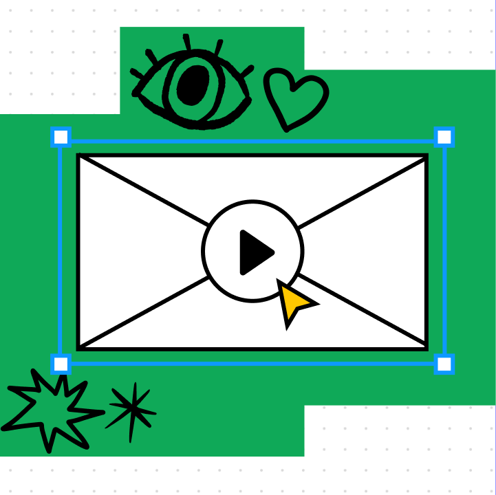 A graphic representation of a video. In the background are FigJam-inspired sticky shapes and some drawings.