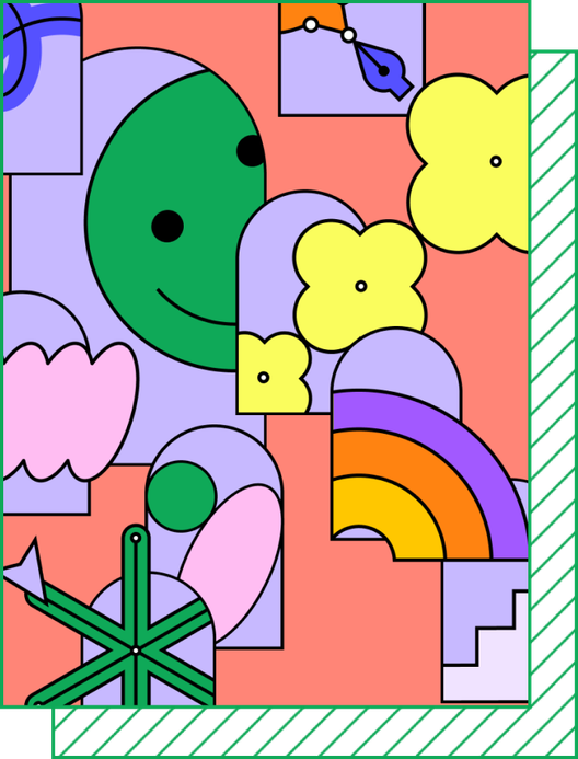 An illustration showing smiley faces, rainbows, and other shapes peeking out of arched windows