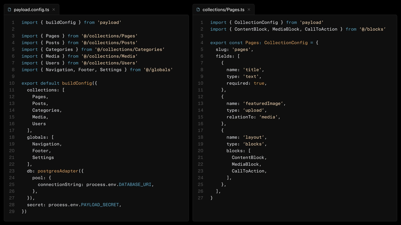 Screenshot of Payload CMS configuration code showing payload.config.ts on the left with collections and database setup, and collections/Pages.ts on the right defining fields like title, featuredImage, and layout blocks.