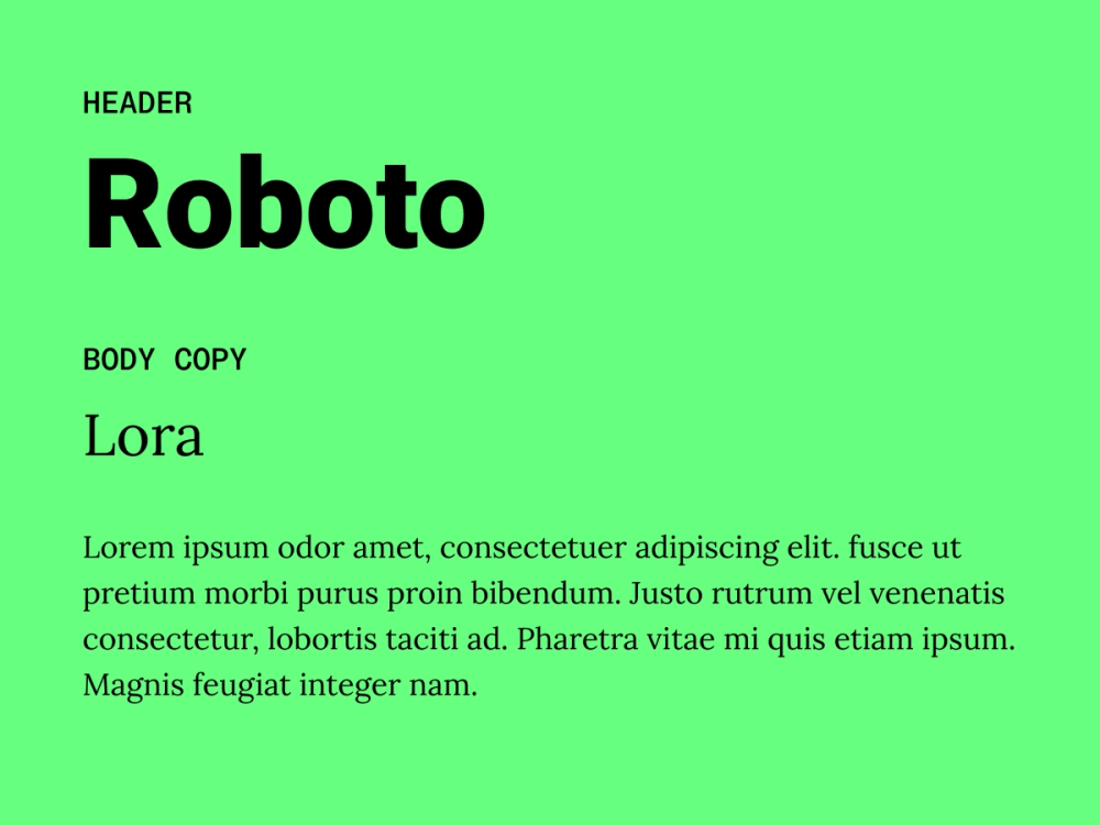 Example text showing Roboto and Lora as a font pairing